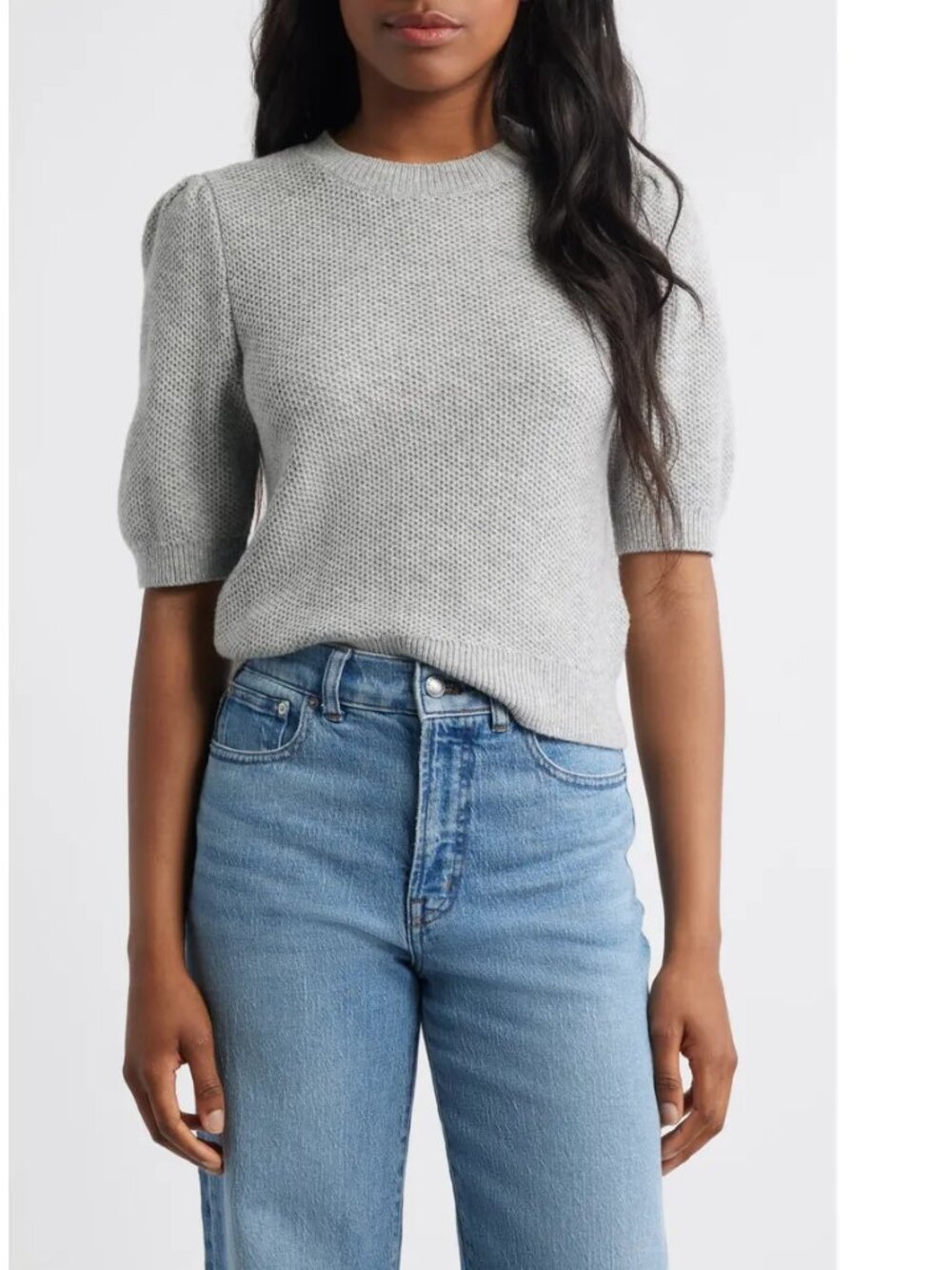 Madewell Puff Sleeve Textured Sweater in Heather Grey Size Med NWT